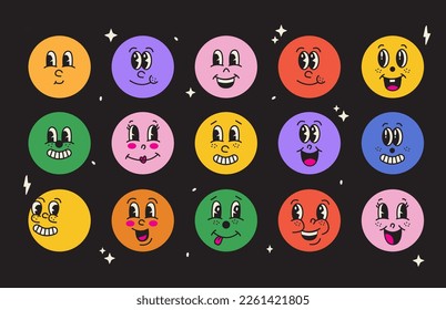 Set of Retro 30s cartoon comic funny faces with different expressions of emotions. Funny faces vector set.