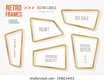 Conjunto retro de marcos dorados en 3d aislados sobre fondo blanco. Ilustración vectorial. Etiquetas cuadradas antiguas, insignias promocionales, burbujas de voz rectangulares de alambre dorado para citas motivacionales.