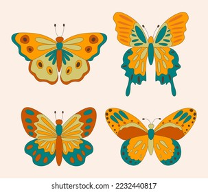 Set of retro 60s 70s hippie groovy butterflies for cards, stickers or poster design. Flat vector illustration.