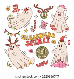 Juego de retro 70's 60s Hippie Groovy Espíritu navideño Caracteres fantasma aislados en blanco. Noche de Navidad: Espectáculo de sábanas blancas en Santa hat, las coronas de venado imprimen para el diseño de camisetas. Ilustración del contorno del vector.