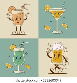 Set of retro 70s cartoon funny characters. Coctail, beer, juice, martini  mascot. Vintage alcohol beverage vector illustration. Nostalgia 60s, 80s