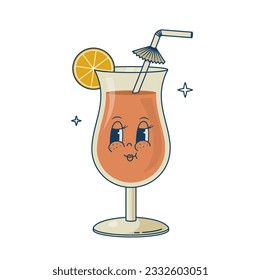 Set of retro 70s cartoon funny characters. Coctail, juice  mascot. Vintage beverage vector illustration. Nostalgia 60s, 80s