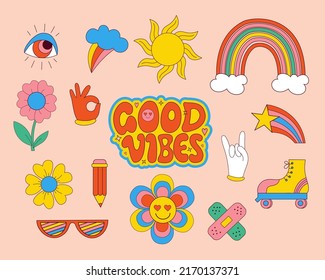 Set of Retro 70s groovy elements, cute funky hippy stickers and lettering motivational slogan of Good vibes. Vector hand drdawn psychedelic clipart. Isolated cartoon positive symbols.