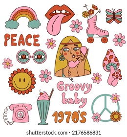 Set of Retro 70s groovy elements. 1970 vibes. Vector illustration