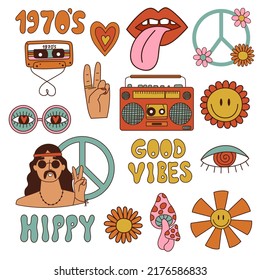 Set of Retro 70s groovy elements. Hippy collection. Vector illustration