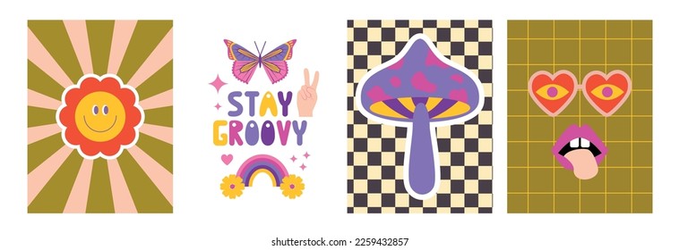 Set of Retro 70s Groovy Hippie posters. Retro vibes. Stay groovy. Groovy daisy flowers, rainbows, mushrooms, hippie bus, butterfly, sunglasses. Wall art prints.