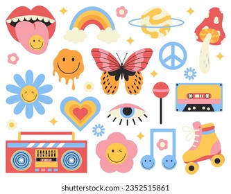 Set of retro 70s groovy hippy elements. Cute mushroom, butterfly, daisy flowers, heart, peace sign, rainbow, cassette tape etc isolated on white background.