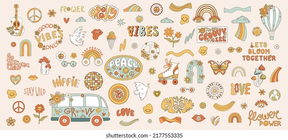 Set retro 70s hippie stickers. Psychedelic groove elements and lettering. Funny illustrations mushrooms, flowers, bus and rainbow in flat style. Positive and peace symbols in vintage style. Vector