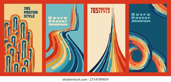 Set of retro 70s posters featuring vibrant rainbow stripes in perspective. Groovy swirling curved lines, vintage abstract background, colorful nostalgic vector design for retro wall art and prints