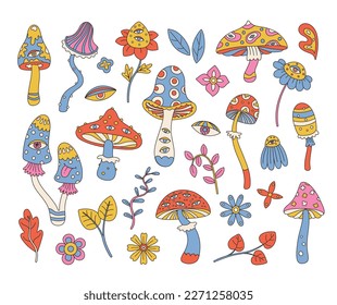 Set von Retro 70er psychedelischen Hippie-Pilzen und Blumen. Funky groovy fungus. Vintage nostalgische Vektorgrafik Sammlung.