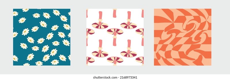 Set of retro 70s seamless pattern. Floral, swirl, mushrooms, peace symbol, camomile, smile. Clockwork design in the style of the seventies.
