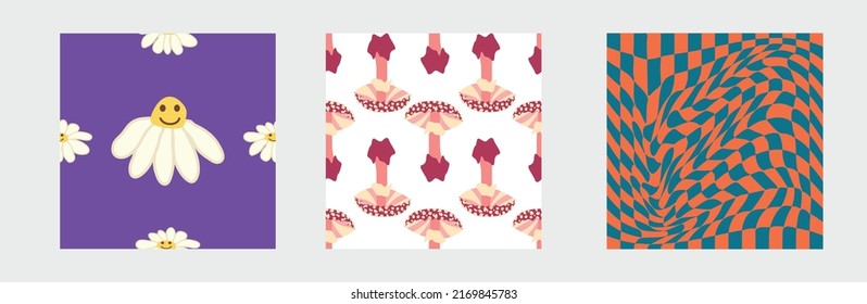 Set of retro 70s seamless pattern. Floral, swirl, mushrooms, peace symbol, camomile, smile. Clockwork design in the style of the seventies.