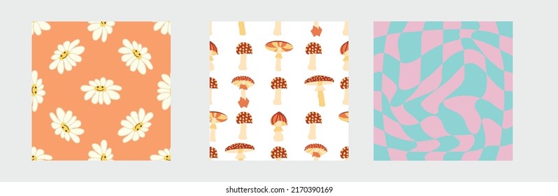 Set of retro 70s seamless pattern. Floral, swirl, mushrooms, peace symbol, camomile, smile. Clockwork design in the style of the seventies.