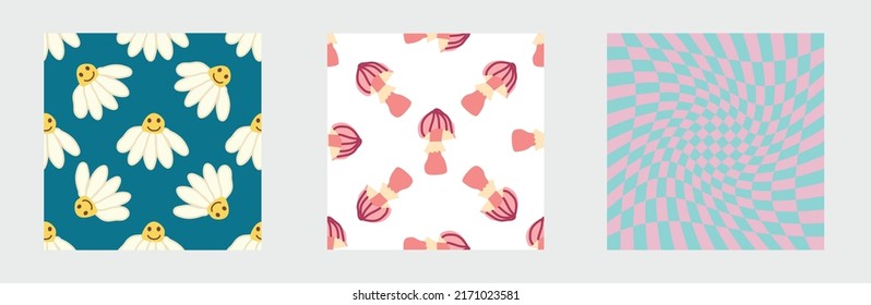 Set of retro 70s seamless pattern. Floral, swirl, mushrooms, peace symbol, camomile, smile. Clockwork design in the style of the seventies.