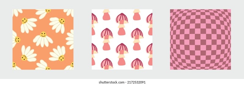 Set of retro 70s seamless pattern. Floral, swirl, mushrooms, peace symbol, camomile, smile. Clockwork design in the style of the seventies.