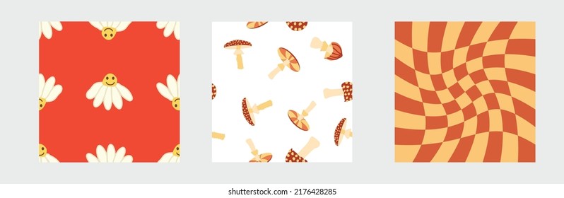 Set of retro 70s seamless pattern. Groovy daisy, swirl, mushrooms, peace symbol, smile. Clockwork design in the style of the seventies.