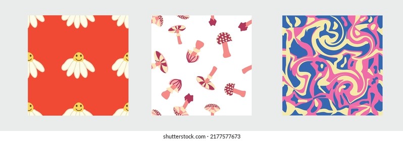 Conjunto de patrones retro 70 sin fisuras. Groovy daisy, swirl, setas, símbolo de paz, sonrisa. El diseño de la relojería es de los años setenta.