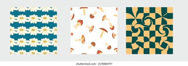 Set of retro 70s seamless pattern. Groovy daisy, swirl, mushrooms, peace symbol, smile. Clockwork design in the style of the seventies.