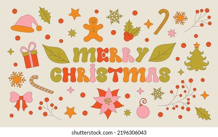 Set with retro 70s style Christmas elements with poinsettia and leaves. Merry Christmas holiday collection. Winter simple minimalist background with berries. 1970 good vibes. Vector illustration.
