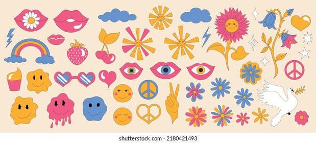 Se establece con elementos de estilo retro de los años 70. Daisies, girasol con sonrisas y destellos. Flores minimalistas de verano. 1970 buenas vibraciones. Arcoiris y ojos. Fondo colorido. Ilustración vectorial.