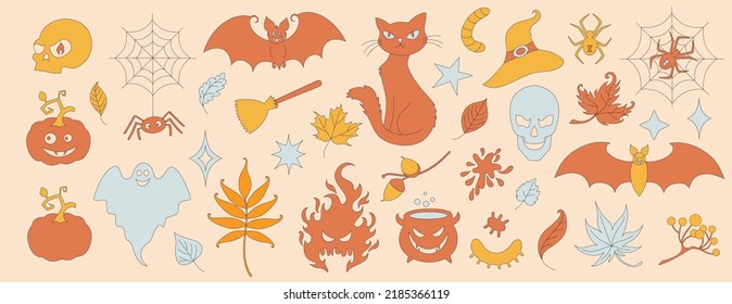 Conjunto con elementos de Halloween de estilo retro 70. Calabaza, araña, cráneo, tela, murciélago, gato, escoria, sombrero. Hojas minimalistas simples de otoño. 1970 buenas vibraciones. Ilustración vectorial.