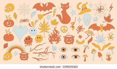 Set with retro 70s style Halloween elements. Pumpkin, spider, skull, web, bat, cat, scull, eyes, mushrooms, peace symbol Autumn simple minimalist collection. 1970 good vibes. Vector illustration.