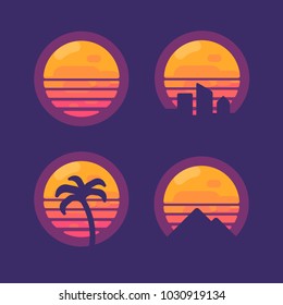 Set of retro 80 synthwave music flat icons.  New retro wave flat illustration
