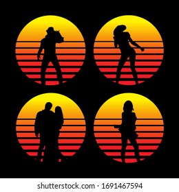 Set of retro 80 synthwave music flat icons 