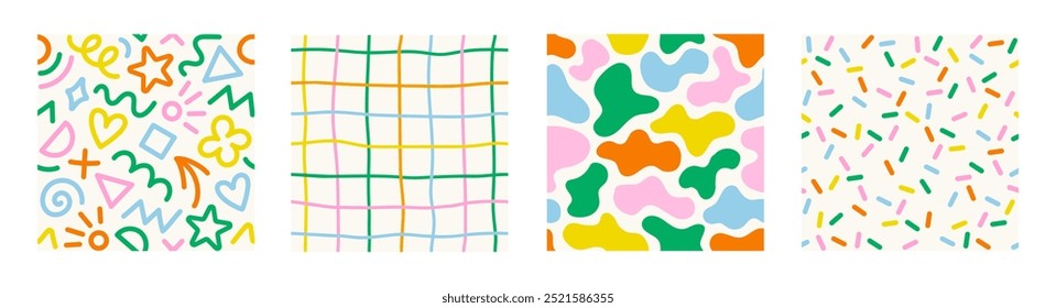 Conjunto de patrones sin costuras de Vector colorido retro de los años 80 y 90. Doodle fondos divertidos para niños. Diseño dibujado a mano lindo infantil útil para la tela, textil, cubierta, Anuncio, etiqueta, impresión, envoltura, Fondo de pantalla.