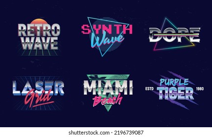 Set of Retro 80s logos. Retrowave, Synthwave logo. Retro 80's logos set for Night club, music album, party invitation designs. Print for t-shirt, tee. 20 colorful neon logo designs.