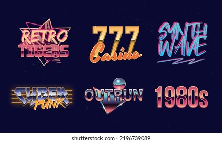 Set of Retro 80s logos. Retrowave, Synthwave logo. Retro 80's logos set for Night club, music album, party invitation designs. Print for t-shirt, tee. 20 colorful neon logo designs.