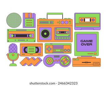 set retro 90s electronic radio tape recorder microphone games switch and vintage computer device