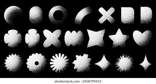 Set of retro abstract dotted shapes. Trendy y2k elements with vintage stipple effect. White noise grainy texture. Geometric forms with fading gradient.Vector illustration in pixel art style.