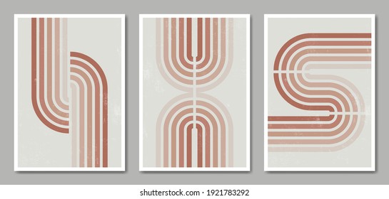 Set of retro abstract geometric posters with balance shapes. Mid-century contemporary minimal style. Design for wallpaper, wall decor, print, cover, card, social media, banner. Vector illustration