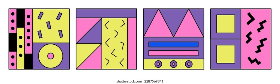 Set of retro abstract squares, Y2k. 80s, 90s Memphis style. Modern geometric playful shapes, patches. Neo-memphis, pop art. Vector illustration.