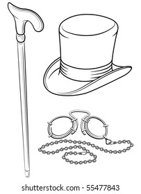 set of retro accessories with hat walkingstick and pince-nez point vector illustration, isolated on white background