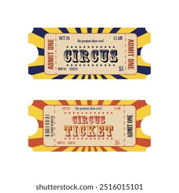 Set of retro admit one circus ticket vintage style. Retro circus greatest show tickets design admit one for entrance