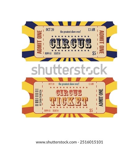 Set of retro admit one circus ticket vintage style. Retro circus greatest show tickets design admit one for entrance