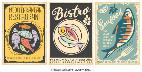 Set of retro advertisements for seafood restaurants and bistros. Vintage poster design with delicious fish plate. Vector illustration.