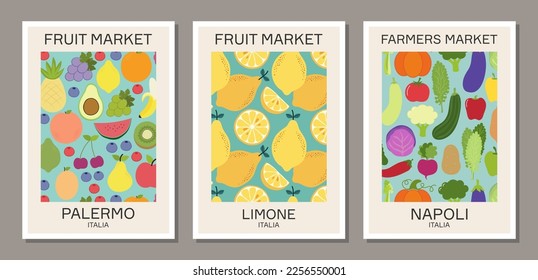 Set of retro aesthetic fruit market wall art poster