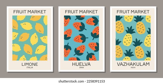 Set of retro aesthetic fruit market wall art posters