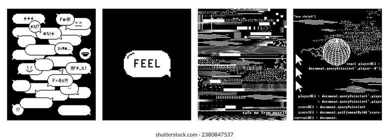 Set of retro aesthetic poster in white color on black background. Pixel art dialogue box with swear words, VHS screen, code, script. 