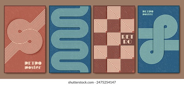 Set von Retro-ästhetischen Plakaten, Covers, Karten, Wandkunst Kompositionen. Warme Farben. 60er, 70er Jahre Nostalgie-Design. Geometrische abstrakte Linienformen, Streifen.