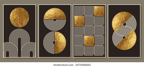 Set of retro aesthetic posters, covers, cards, wall art compositions. Warm colors, golden shades. 60s,  70s nostalgia design. Geometric abstract line forms.