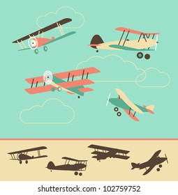 Set of Retro Airplanes in color and silhouette