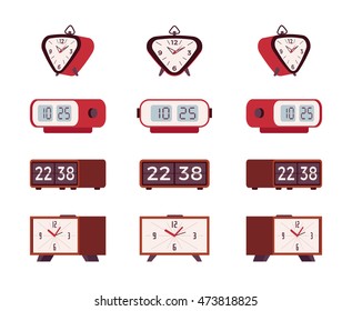 Set of retro alarm clocks isolated against a white background. Cartoon vector flat-style illustration