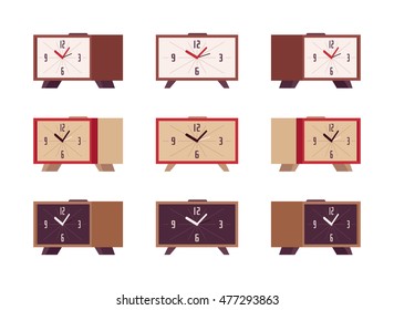 Set of retro alarm clocks isolated against the white background. Cartoon vector flat-style illustration