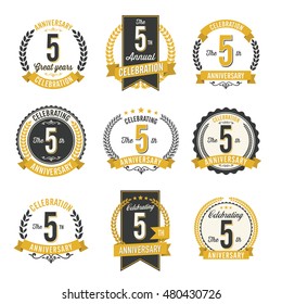 Set of Retro Anniversary Badges 5th Year Celebration