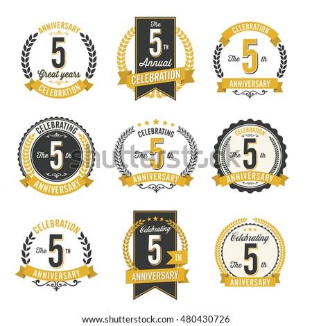Set of Retro Anniversary Badges 5th Year Celebration