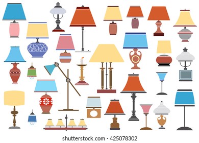 Set of retro antique lamps, lamp shades and floor illuminates in a flat style